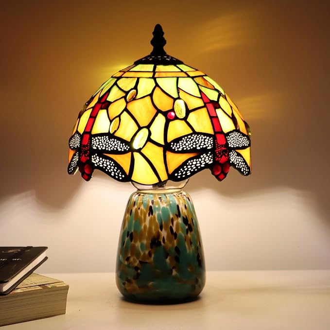 Tiffany Mushroom Table Lamp Dragonfly Style Yellow Stained Glass Accent Lamp Brown Blue Glass Base 8X8X12 Inch - Bloomnest