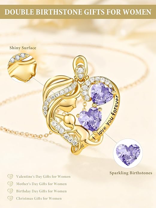 14K Gold Double Birthstone Heart Necklace for Women Mom, Mother Son/Daughter Pendant Necklace for Christmas Mother's Day Birthday Gifts for Wife Daughter Grandmom - Bloomnest