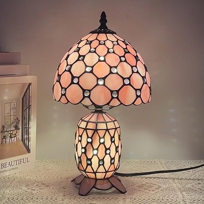 Small Tiffany Lamp Stained Glass Table Lamp Mini Mother Daughter Vase Desk Accent Night Light for Bedroom Bedside Reading Home Antique Style 8X14 Inches (Pink) - Bloomnest