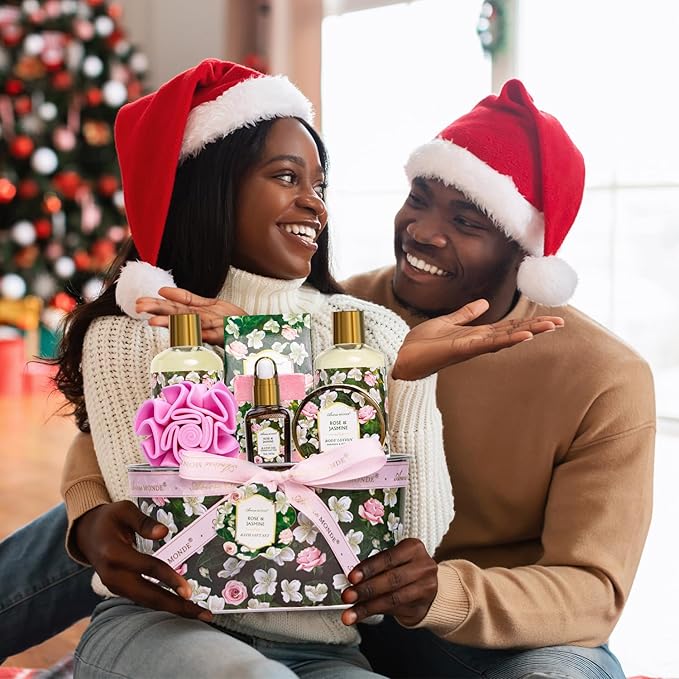Gift Basket for Women - 8 Pc Rose & Jasmine Beauty & Personal Care Set - Home Bath Pampering Package for Relaxing - Spa Self Care Kit - Thank You, Birthday, Mom, Anniversary, Christmas Gift - Bloomnest