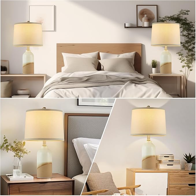 Luvkczc Ceramic Table Lamps Set of 2, 3-Color Temperature Adjustable Bedside Lamps with Line Lampshade, Nightstand Lamps for Bedroom, Living Room, Entryway Home Decor, Modern Table Lamps - Bloomnest