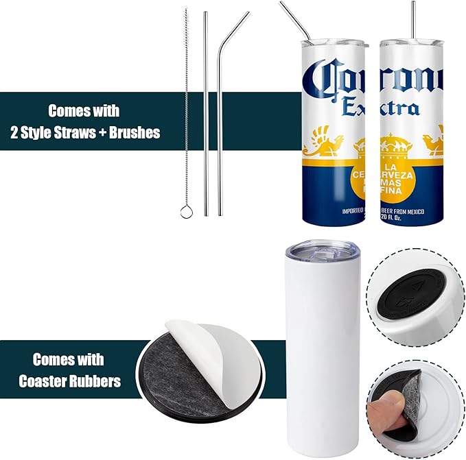 12 Pack 20 oz Sublimation Tumbler Set Double Walled Stainless Steel Skinny Straight Blank Tumbler Sublimation Cup with Lid, Straw, Shrink Wrap, Rubber Base for Heat Transfer Heat Press - Bloomnest