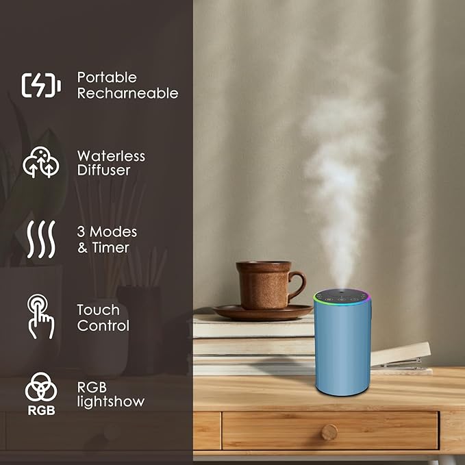 Waterless Essential Oil Diffuser, Battery Powered Mini Scent Air Machine, Aromatherapy Mist Diffuser for Home Room Car Office (Blue) - Bloomnest