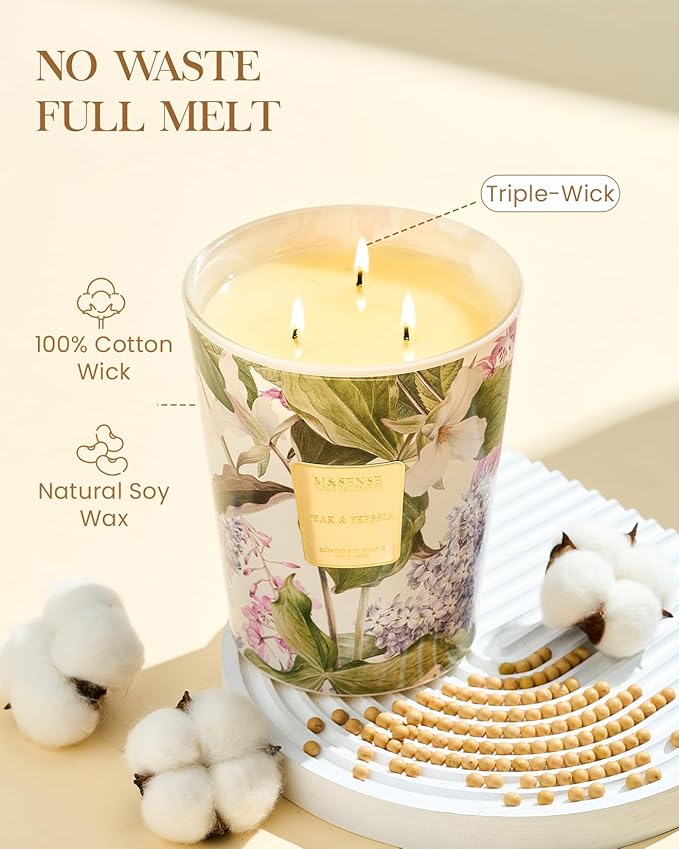 M&SENSE 3 Wick Soy Candles for Home Scented, Pear & Fressia Scented Aromatherapy Candle for Stress Relief, 35oz 150 Hour Burn Time, Long Lasting Highly Scented Candle Gift - Bloomnest