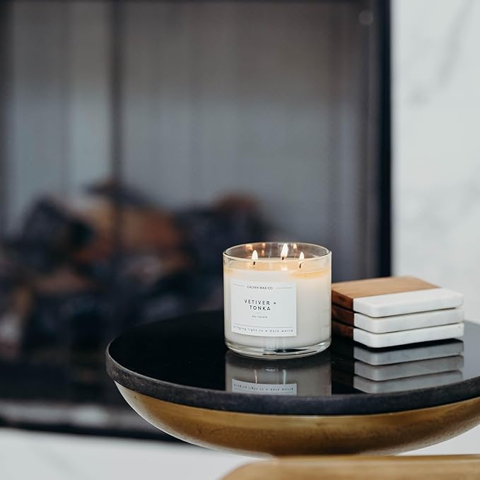 Calyan Wax Co. Vetiver & Tonka 3 Wick Scented Candle - 43 Hour Burn - Luxury 3 Wick Soy Candles - Non Toxic Soy Wax Candles - Long Lasting Large Glass Jar Candle for Home - 14.9oz - Bloomnest