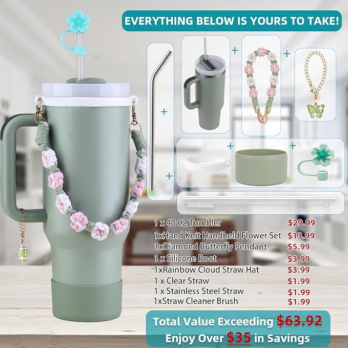 40 oz Tumbler Insulated Mug w/Straw & Flip Cap Lids - Cup Holder Bottle with 6 Accessories Set for Hot, Cold Drink - Leak-Proof - Water, Coffee Portable Travel Mug (Agave) - Bloomnest