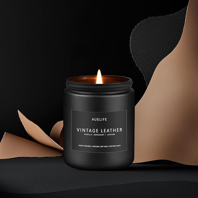 Vintage Leather Candle | Men Candles, Soy Candle for Home Scented - Man Scented Candles for Home, Men Gifts for Him - 7oz Black Jar Gifts for Friends - Bloomnest