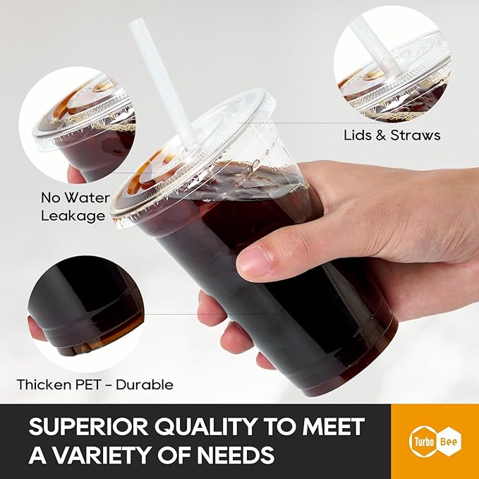 Turbo Bee 200 Sets 20 OZ Clear Plastic Cups with Lids and Straws, Disposable To Go Iced coffee cups with lids for Cold Drinks, Smoothie, and Slushie - Bloomnest
