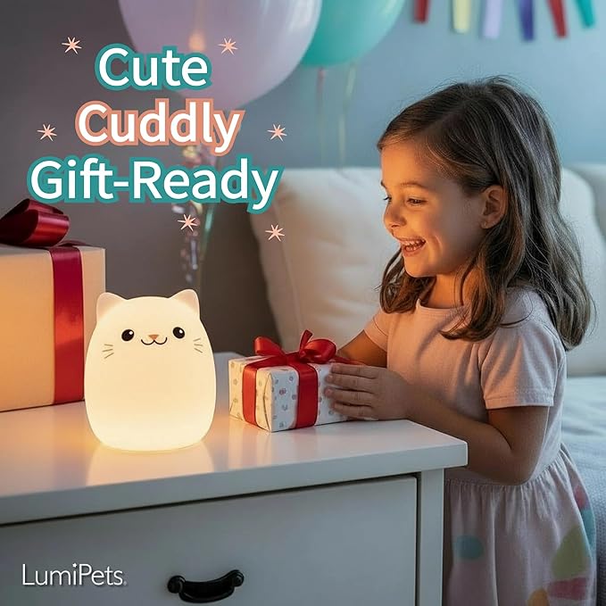 Lumipets Clive The Cat Squishy Silicone Night Light for Kids | Cute Night Light with Remote & Touch Control for Baby & Toddler Bedrooms | Color Changing Portable Animal Nightlight | Kids Mood Lamp - Bloomnest