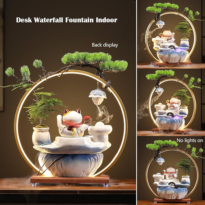Indoor Tabletop Waterfall Fountain with Chinese Ceramic Lucky Cat Waving Arm Figurine，Desktop Mini Water Fountain Decoration，LED Light Ring Backflow Incense Burner for Desk - Bloomnest