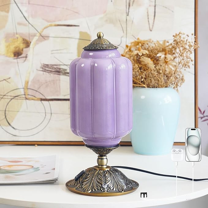 Vintage Purple Glass Touch Table Lamp, Elegant MilK Glass Bedside Desk Lamp 3 Way Dimmable with USB C+A Charging Ports - Bedroom Nightstand & Living Room Essential, 4W Bulb Included (Purple, 6.5) - Bloomnest