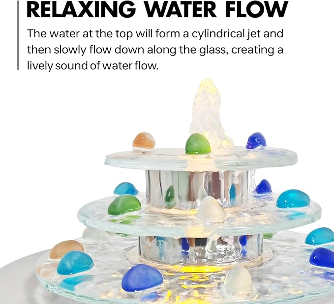 Indoor Tabletop Fountain 3-Tier Waterfall, Zen Meditation Fountains with LED Light, Home Desktop Soothing Sound Meditation Relaxing Water Feature for Office Room Table Decoration