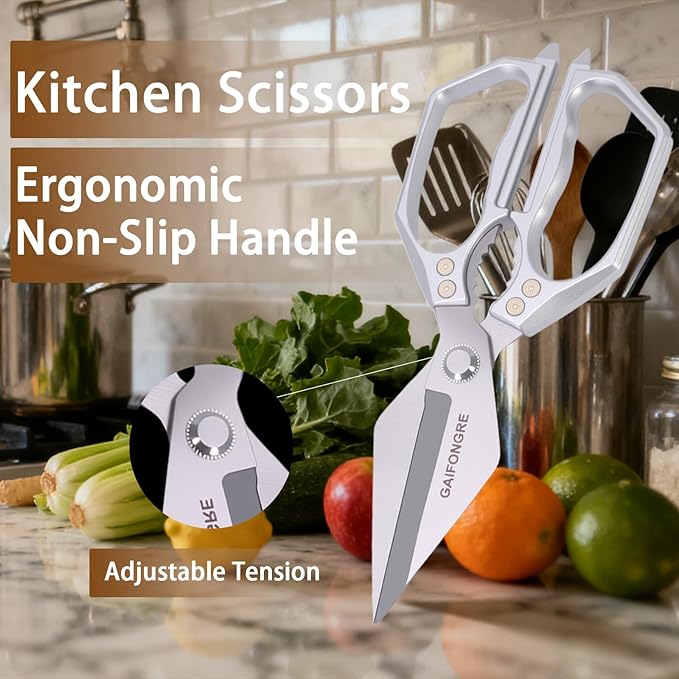 Heavy Duty Kitchen Scissors, Sharp Multifunctional Shears for Food with Full Metal Construction, Dishwasher Safe, Ergonomic Handle for Cutting Poultry, Meat, Fish, Herbs - Bloomnest