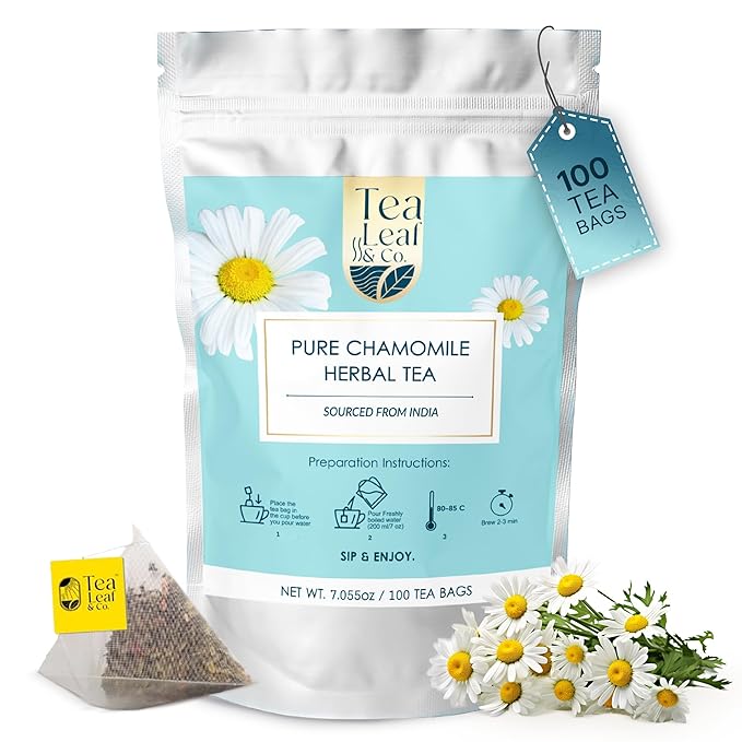 Tealeaf & Co. Pure Chamomile Herbal Tea - Organic Chamomile Tea Bags Blended with Fresh Herbs - Contains Low Caffeine - Gluten Free - 100 Teabags (7.055oz/200gm) - Bloomnest