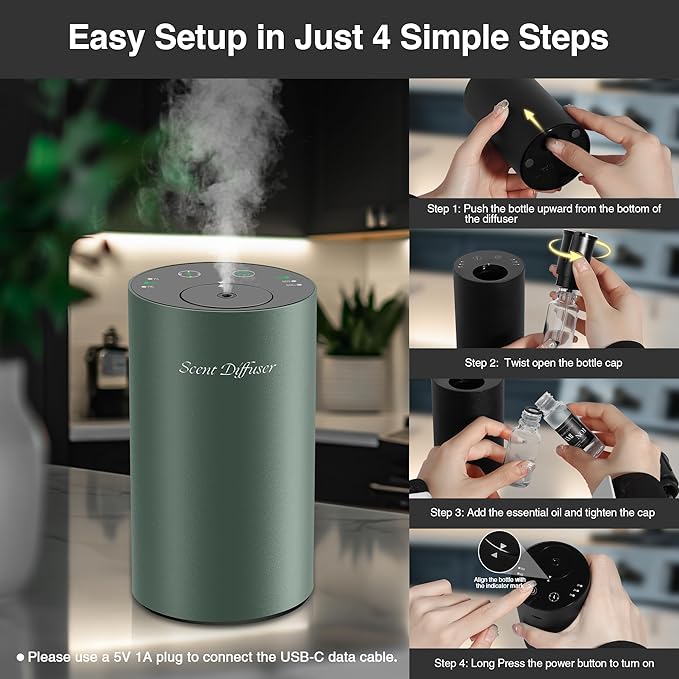 Waterless Essential Oil Diffuser Starter Kit - No Water Needed, Battery Operated Mini Scent Air Machine, Included 3x20ML Essential Oils, Portable Aromatherapy Diffuser for Home & Car & Office, Green - Bloomnest