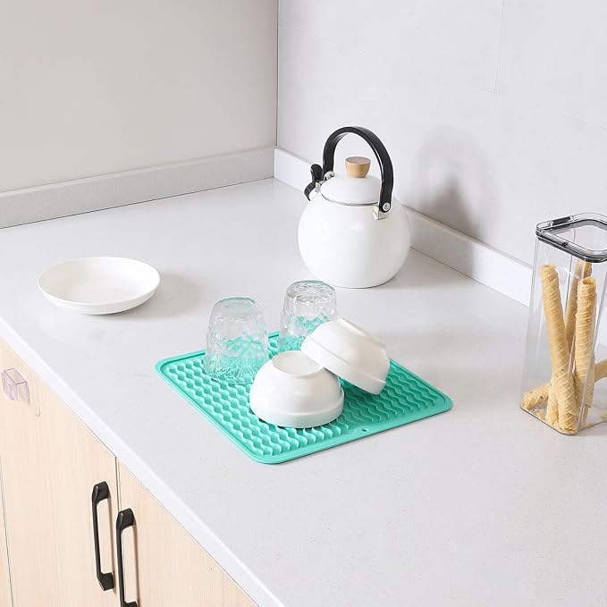 Silicone Dish Drying Mat for Multiple Usage,Easy clean,Eco-friendly,Heat-resistant Silicone Mat for Kitchen Counter or Sink,Refrigerator or Drawer liner Mint M 12 inches x 12 inches - Bloomnest