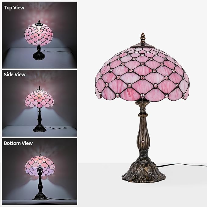 Tiffany Lamp Vintage Pink Stained Glass Bead Table Lamp Desk Bedside Reading Light Decor Bedroom Living Room Home Office D12*H18 Inches - Bloomnest