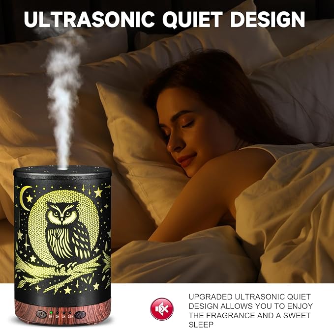 Essential Oil Diffuser 120ML Metal Aromatherapy Diffuser with Timer, Cool Mist Humidifier with Auto Shut-Off & 7 Color Lights for Home Office Spa (Owl) - Bloomnest