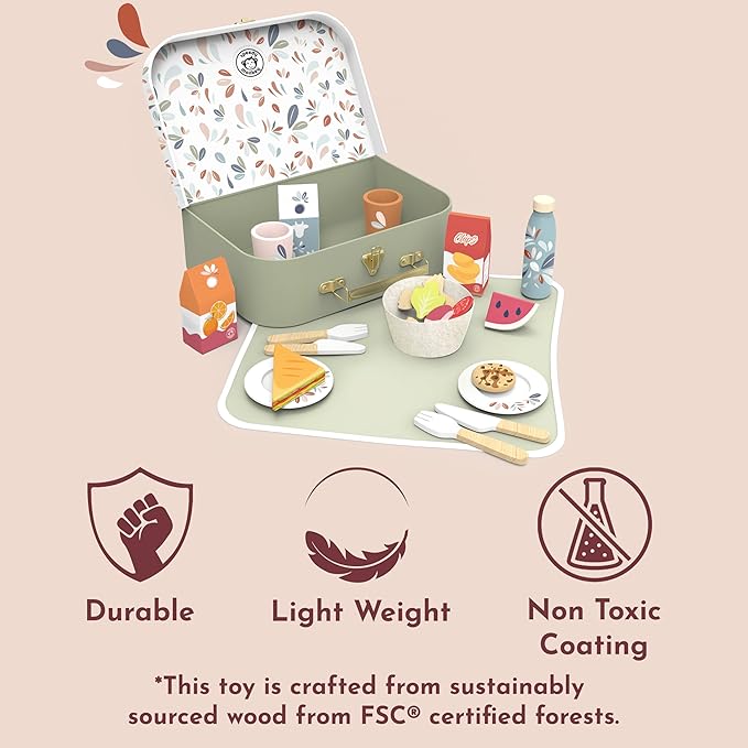 SPEEDY MONKEY Wooden Picnic Basket Playset – FSC Certified Pretend Play Food & Fruit Toy for Toddlers & Preschoolers, Outdoor Picnic Travel Adventure, Kitchen Role Play Set for Boys & Girls - Bloomnest