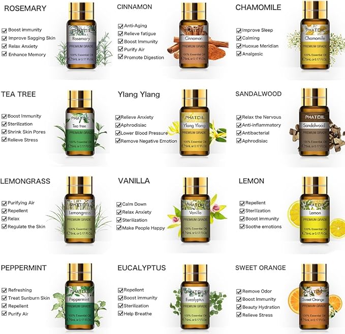PHATOIL Essential Oil Set, 12x5ml Essential Oils Gift Set with Diffused Wood, 100% Natural Pure Essential Oils for Diffusers DIY Candle Soap Making - Bloomnest