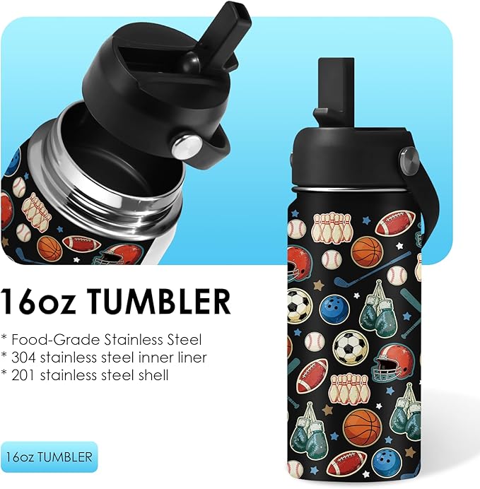 Sports Gifts for Kids - 16 Oz Water Bottle with Straw Lid, Stainless Steel Insulated Tumbler, Leak Proof, BPA-Free, for Boys Girls, School, Travel - Sports Lovers Children Birthday Gifts Cups (1pc) - Bloomnest