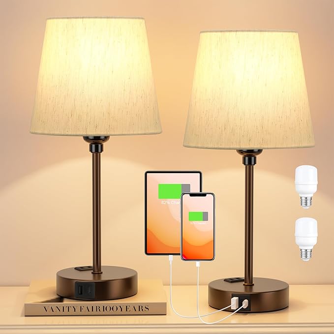 Acaxin Brown Bedside Lamps for bedrooms Set of 2 - Nightstand Bedroom Lamp with USB C Port and AC Outlet Charging, 3 Way Dimmable Touch Control Small Bed Side Table Lamp, Nightstand Light for Kids - Bloomnest