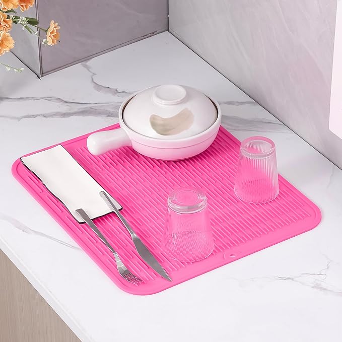 Silicone Dish Drying Mat for Multiple Usage,Easy clean,Eco-friendly,Heat-resistant Silicone Mat for Kitchen Counter or Sink,Refrigerator or Drawer Liner Rose XL 18 inches x 16 inches - Bloomnest