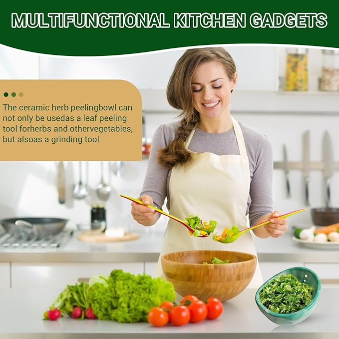 Pottery Herb Stripper Bowl – 4-Slot Herb Stripper with Multiple Hole Sizes, Ergonomic Design, Separating Leaves and Stems for Thyme, Basil, Rosemary, and More (green) - Bloomnest