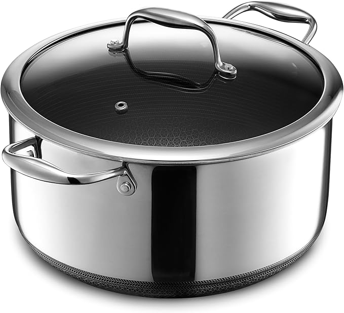 HexClad Hybrid Nonstick 8-Quart Stockpot with Tempered Glass Lid, Stay-Cool Handles, Dishwasher-Friendly, Oven-Safe Up to 900°F, Induction Ready, Compatible with All Cooktops - Bloomnest