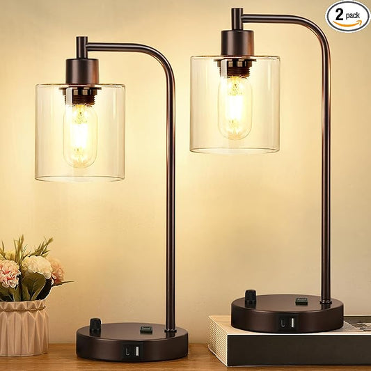 Lynnoland Set of 2 Oil Rubbed Bronze Table Lamps with USB C+A Ports and Outlet, Fully Stepless Dimmable Bedside Lamps, Industrial Desk Lamps with Clear Glass Shade for Living Room (2 LED Bulb) - Bloomnest