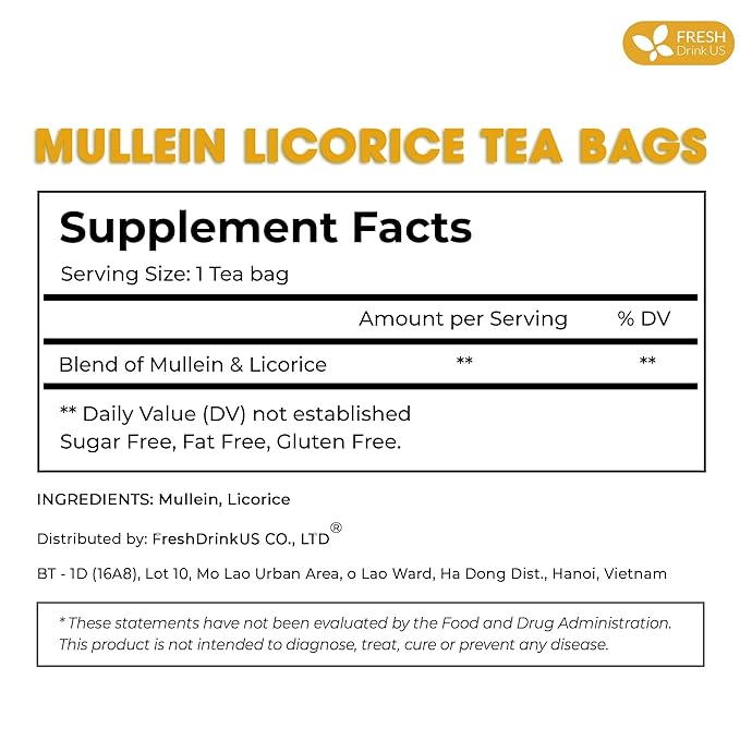 FreshDrinkUS, Premium 55 Mullein Licorice Tea Bags, 100% Natural, Blend of Mullein Leaves, and Licorice Root. Made with Natural Material Tea Bags. No Sugar, Vegan. - Bloomnest