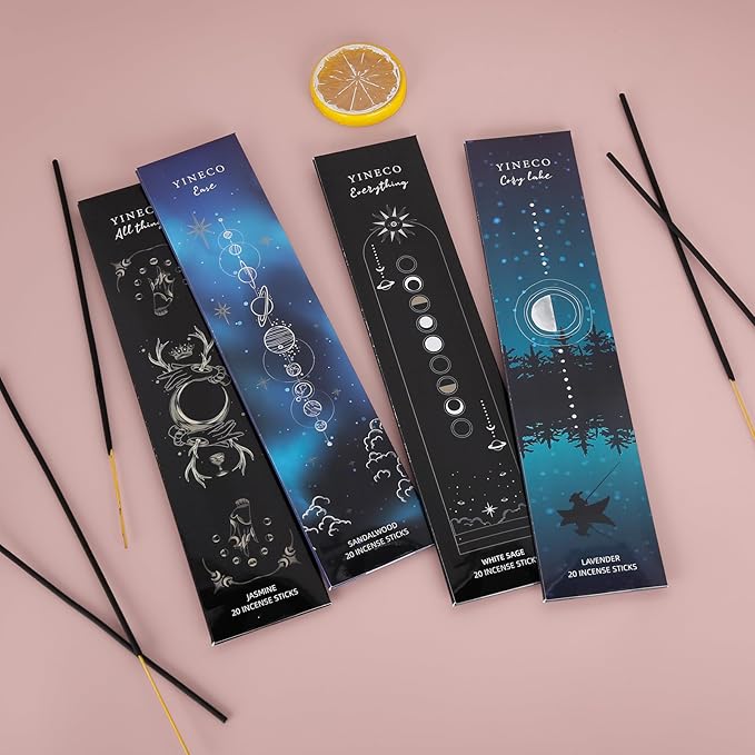 Incense Sticks Gift Set of 80-4 Scents (White Sage, Sandalwood, Jasmine & Lavender), Organic & Slow-Burning for Relaxation, Meditation & Aromatherapy (Black) YINECO
