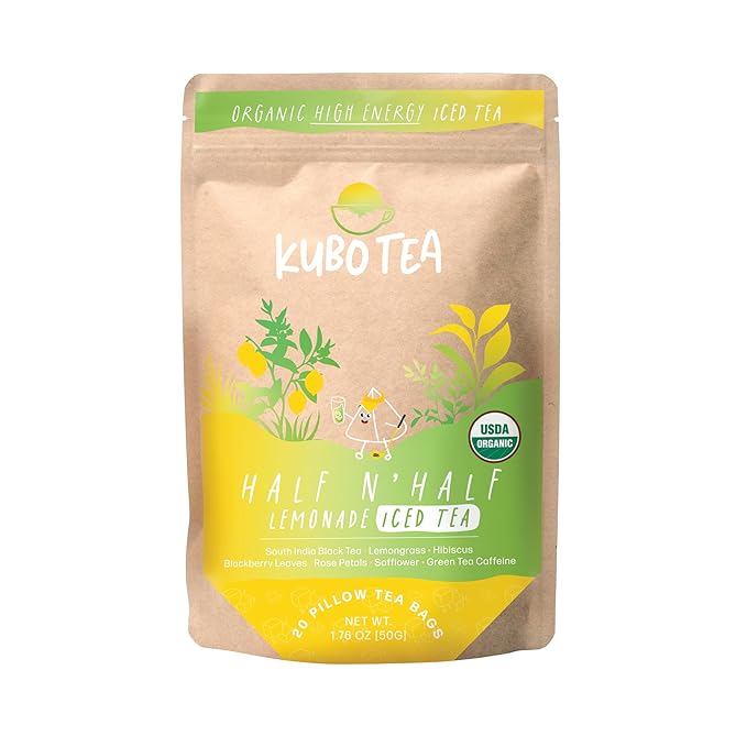Kubo Tea Organic High Energy Iced Tea - High Caffeine Coffee Substitute with 20 Servings (155mg Caffeine each) - Pillow Tea Bags - Half & Half Lemonade Flavor w/Compostable & Biodegradable Packaging - Bloomnest