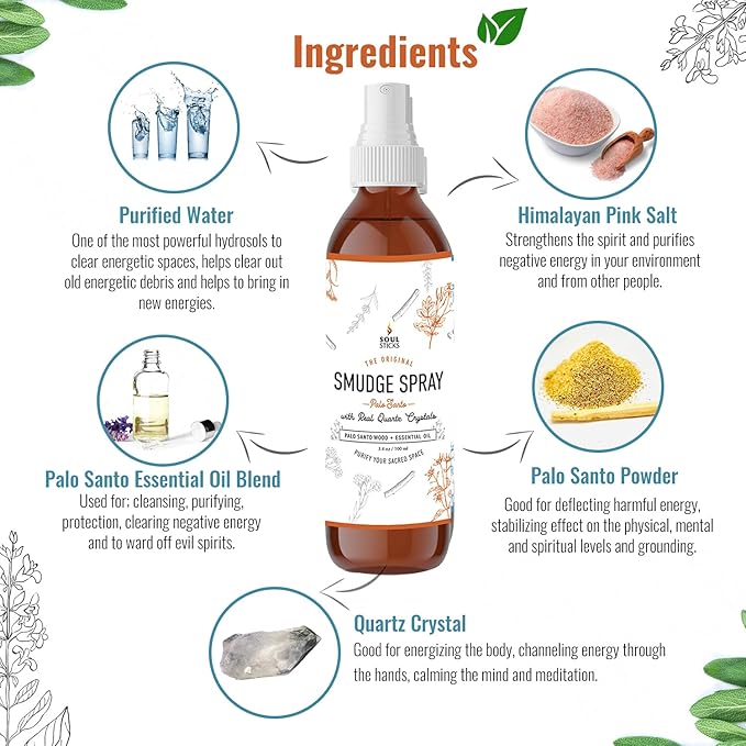 SOUL STICKS Palo Santo Smudge Spray – 3.5oz Smokeless Energy Mist with Quartz Crystals – Non-Toxic Cleansing Spray for Room, Meditation, Travel, Spiritual Rituals & Aura Purification SoulSticks