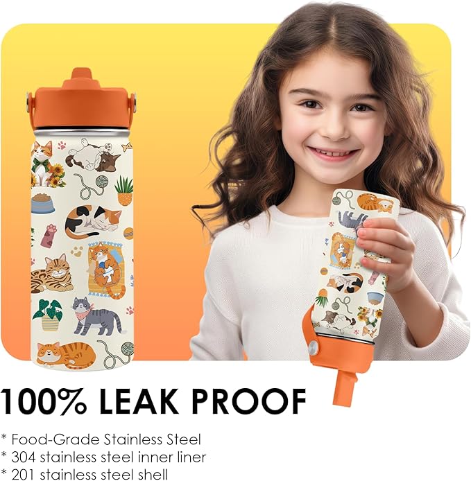 Cat Gifts for Kids - 16 Oz Orange Cat Water Bottle with Straw Lid, Stainless Steel Insulated Tumbler, Leak Proof, for Boys & Girls, School, Travel - Funny Cats Lovers Children Birthday Gifts Cups(1pc) - Bloomnest