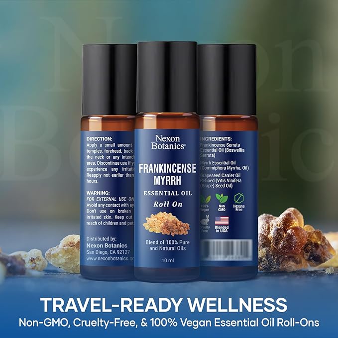Frankincense & Myrrh Essential Oil Roll-On 10ml - 100% Pure, Natural Oil for Aromatherapy & Skin Care - Nexon Botanics - Bloomnest