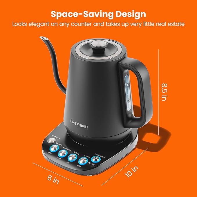 Chefman TrueTemp Precision Control Gooseneck Kettle, Internal Custom Temperature Control and 6 One-Touch Presets, Boil-Dry Protection Auto Shut-Off for Safety, For Pour Over Coffee and Tea, Black - Bloomnest