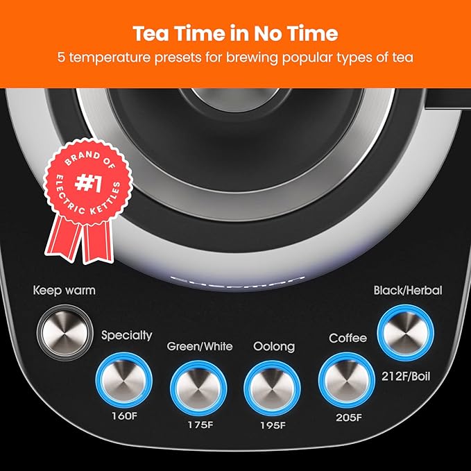 Chefman TrueTemp Precision Control Gooseneck Kettle, Internal Custom Temperature Control and 6 One-Touch Presets, Boil-Dry Protection Auto Shut-Off for Safety, For Pour Over Coffee and Tea, Black - Bloomnest