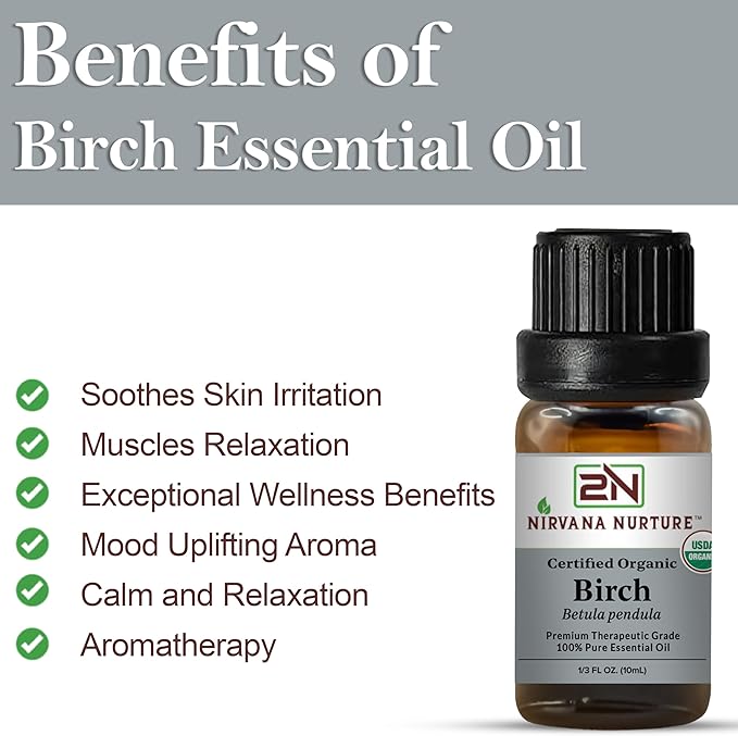 Birch Essential Oil, USDA Certified Organic, 100% Pure Undiluted, Aromatherapy Oil for Diffuser, Hair & Skin Care NirvanaNurture