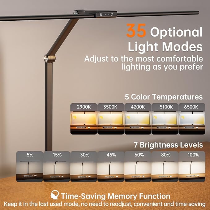 LED Desk Lamp for Home Office, 24W Eye-Caring Reading Light with Clamp, USB Charging Port, 7 Brightness 5 Color Mode, Memory Function, Auto-Off Timer, Swing Arm Architect Table Lamp for Study - Bloomnest