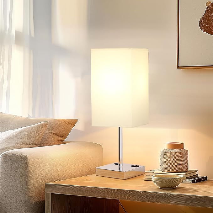 Touch Bedside Table Lamp For Nightstand - 3-Way Dimmable Night Lamp with USB A + Type C Charging Ports and two AC Outlets, Small Desk Light with E26 LED Bulb for Bedroom Living Room, WHITE PLUS - Bloomnest