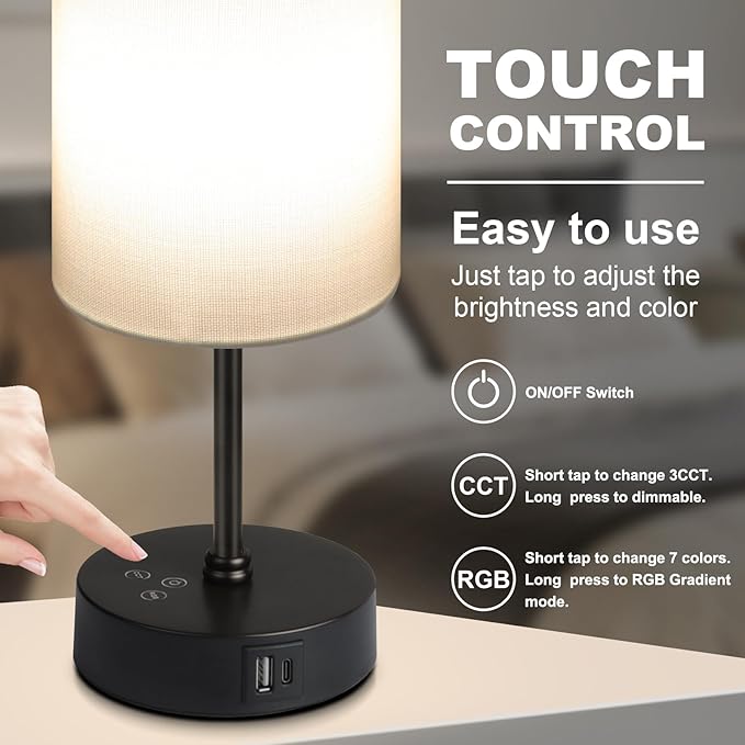 Unicozin Table Lamp,3 CCT 3000K/4500K/6500K & RGB Color Changing,Stepless Dimmable Touch Control Bedside Lamp for Reading,Ambience Nightstand Light for Home Decor Party,White Shade - Bloomnest