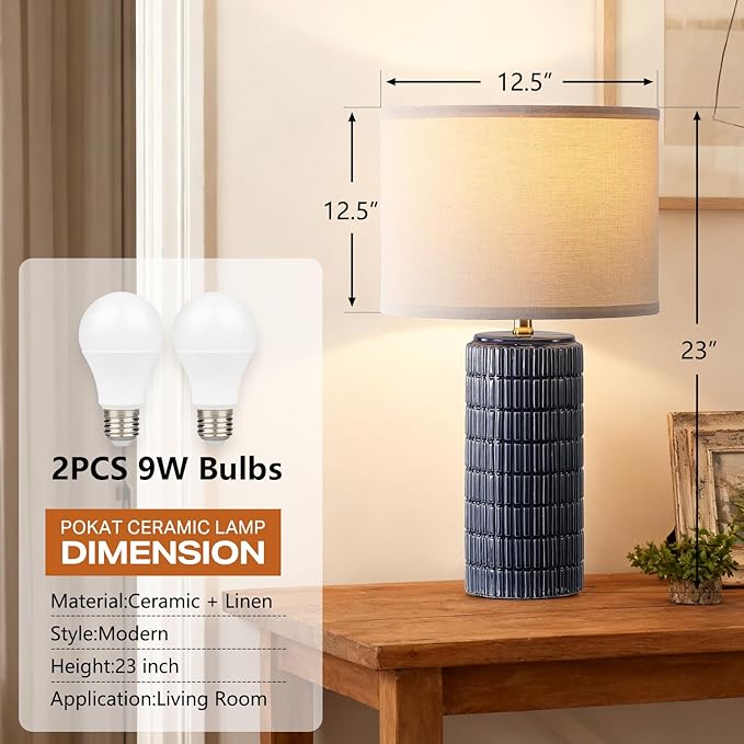 Modern Ceramic Table Lamp Set of 2, Bedside Lamp for Bedroom Decor, Nightstand Lamp with 3 Color Temperatures, Desk Light for Living Room Dorm Office, Blue - Bloomnest