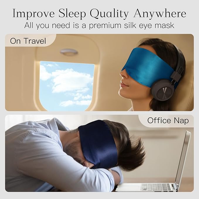 100% Natural Silk Eye Mask for Women Men, Soft Pressureless Cooling Blackout Eye Covers for Sleeping, Large Size Sleep Mask fits All Heads Adjustable, 1PC, Black - Bloomnest