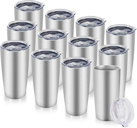 20 oz Tumblers Bulk Stainless Steel Tumbler with Lid Double Wall Vacuum Insulated Coffee Mug 20oz Powder Coated Cup for Hot and Cold Drinks, Stainless, 12 pack - Bloomnest