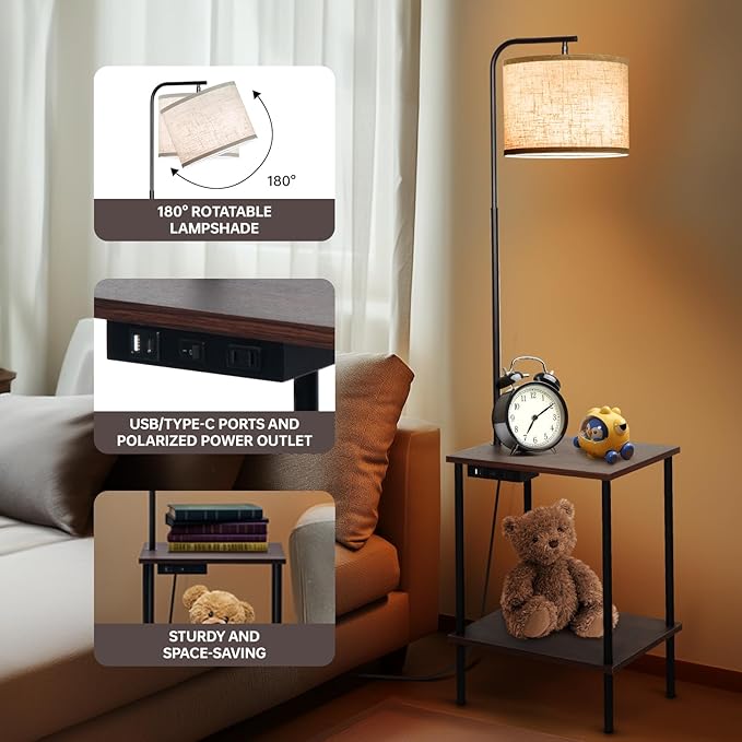 Floor Lamp with Table, End Table Lamp with USB Charging Port Power Outlet and Shelves, Side Table Reading Light with 3 Color Temperature Led Bulb Included, Floor Lamps for Living Room, Walnut - Bloomnest