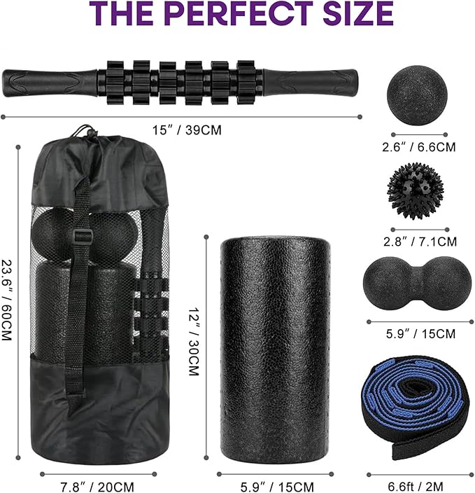 6-Piece Foam Roller Massage Set – Deep Tissue Muscle Recovery Kit with Massage Stick, Massage Balls & Stretch Strap – Includes Carry Bag – Black/Blue - Bloomnest