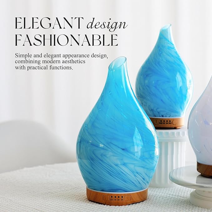 Porseme 280ml Essential Oil Diffuser Glass Color Changing Aroma Air Diffusers Aromatherapy Ultrasonic Cool Mist Humidifier 7 Running Hours Waterless Auto-off for Sleeping, Yoga, Office, Spa(Blue Wave) - Bloomnest