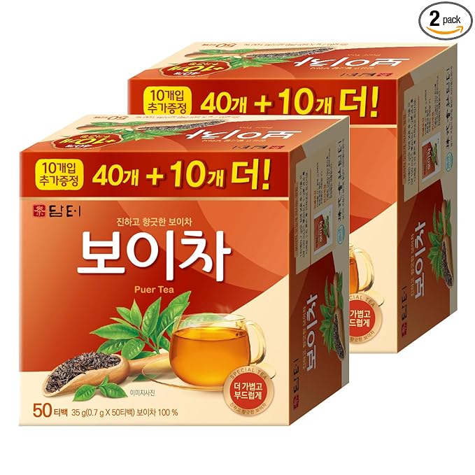 Damtuh Korean Pu-erh Tea – Aged & Smooth Dark Tea, Full-Bodied Earthy Flavor – 50 Tea Bags (0.7g each, Pack of 2) - Bloomnest