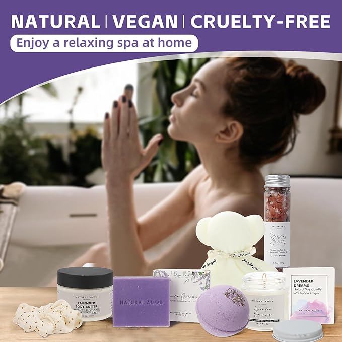 Natural Amor Lavender Spa Gifts for Women,7pcs Self Care Box Including Soap Bar, Candle, Bath Butter - Bloomnest